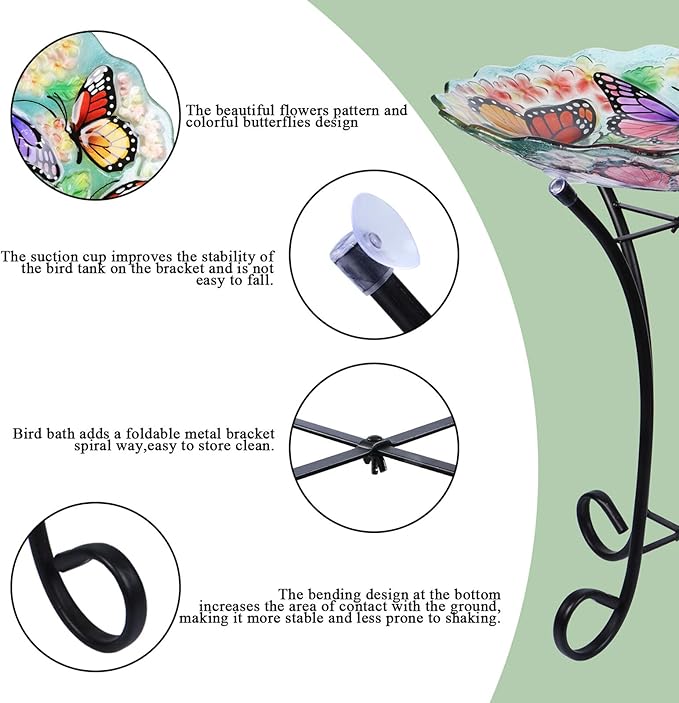 Glass Bird Bath Outdoor with Metal Stand for Lawn Yard Garden Decor Butterfly Bird Feeder