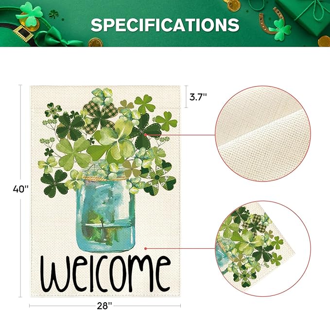 AVOIN colorlife Welcome Watercolor Lucky Clover St Patricks Day House Flag Double Sided, Shamrock Jar Yard Outdoor Flag 28 x 40 Inch