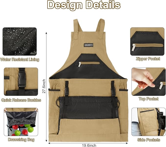 Garden Apron,Harvest Aprons with Drawstring Bag and Pockets for Women and Men,Canvas Fruit Picking Apron