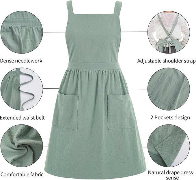 Cotton Linen Pinafore Apron Dress for Women with Pockets Cute Art Chef Aprons for Kitchen Baking Gardening Painting