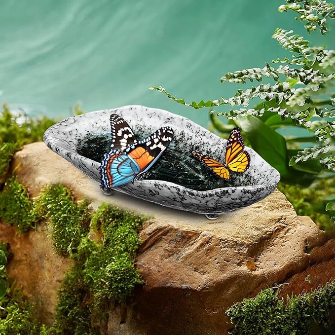Butterfly Puddler Garden Stone, 8.25inch Outdoor Butterfly Feeder Bee Watering Station Ceramic Bird Bath Water Food Holder for Feeding for Yard Lawn Decoration