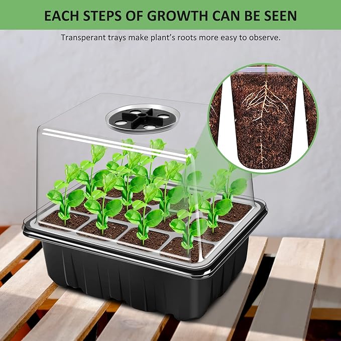 YAUNGEL Seed Starting Trays, 10 Pack 120 Cells Thicken Seed Starter Tray Kit with Humidity Dome/Heightened Lids Durable Growing Trays for Greenhouse & Gardens, Black