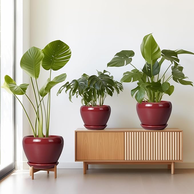 Ceramic Pots for Plants - 10 Inch 8 Inch 6 Inch Plant Pots with Drainage Holes and Saucers Large Planters for Indoor Plants Decorative Outdoor Flower Pots Set of 3 Red