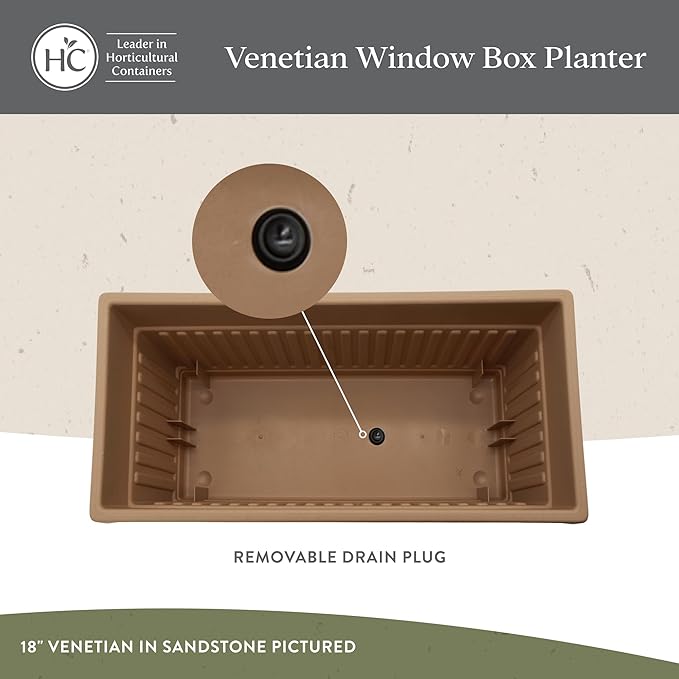 The HC Companies Venetian Window Planter Box w/Drain Plug - Long Planter Box for Windowsills, Balconies & More - Plastic Large Rectangular Outdoor Planters for Herbs & Flowers (30" Black, Pack of 1)