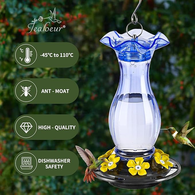 Hummingbird Feeder for Outdoors Hanging, 18 OZ Humming Birds Feeders with 6 Bee Guard Feeding Ports & Built-in Ant Moat, Easy to Clean, Durable Outdoor Garden Decor (Blue 1 Pack-C)