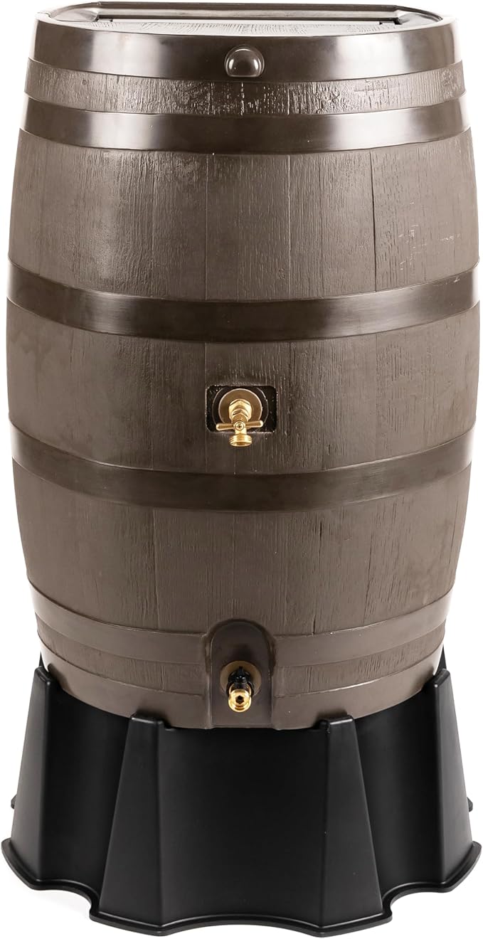 RTS Home Accents 50-Gallon Dual Spigot Rain Barrel, Flat Back Rain Water Collection Barrel, Stand Included, Walnut Color