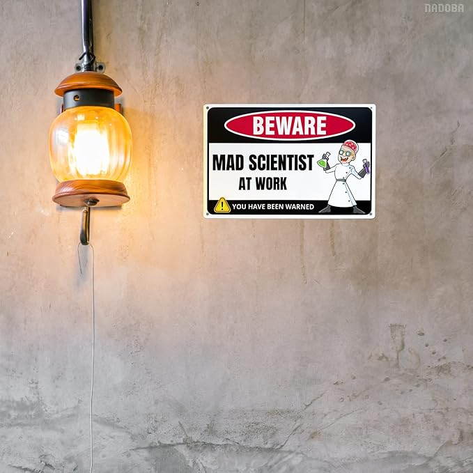 Mad Scientist at Work Desk Decor Tin Sign - Laboratory Posters for Wall - Metal Wall Decor - Science Gifts for Adults - Funny Science Classroom Decor - Party Decorations