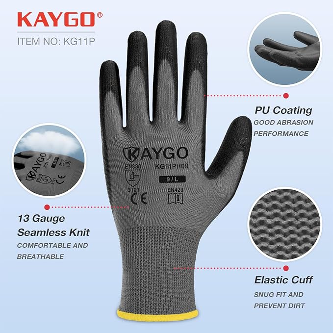 KAYGO Work Gloves for Men and Women, 12 Pairs Seamless Knit PU Coated Safety Gloves, with Smooth Grip on Palm and Fingers, Ideal for Light Warehouse, Manufacturing, Gardening, KG11P (XL,Gray)
