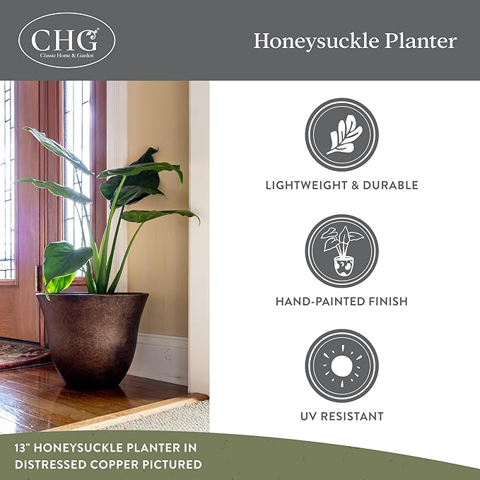 Classic Home and Garden Honeysuckle Resin Planters - Lightweight Indoor & Outdoor Plant Pots - UV-Resistant Plastic Flower Pots - Pot Planters for Flowers & Herbs (13” Bamboo)