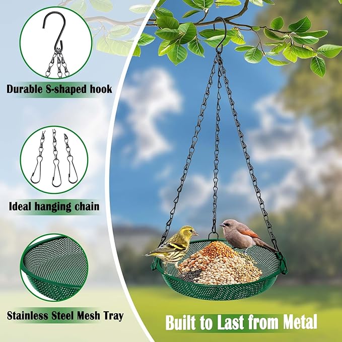 Platform Hanging Bird Feeder for Outdoors – Metal Mesh Seed Tray to Attract Wild Birds, Round 9 in, Green