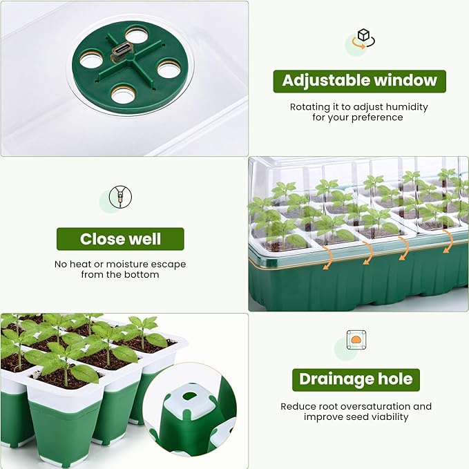 2 Packs Seed Starter Tray with Grow Lights, 72 Cells Silicone Seed Starter Kits with Humidity Dome, 3 Lights for Seed Starting, 4 Timing Set, 8 Full Spectrum Germination Kit for Plant Seeds