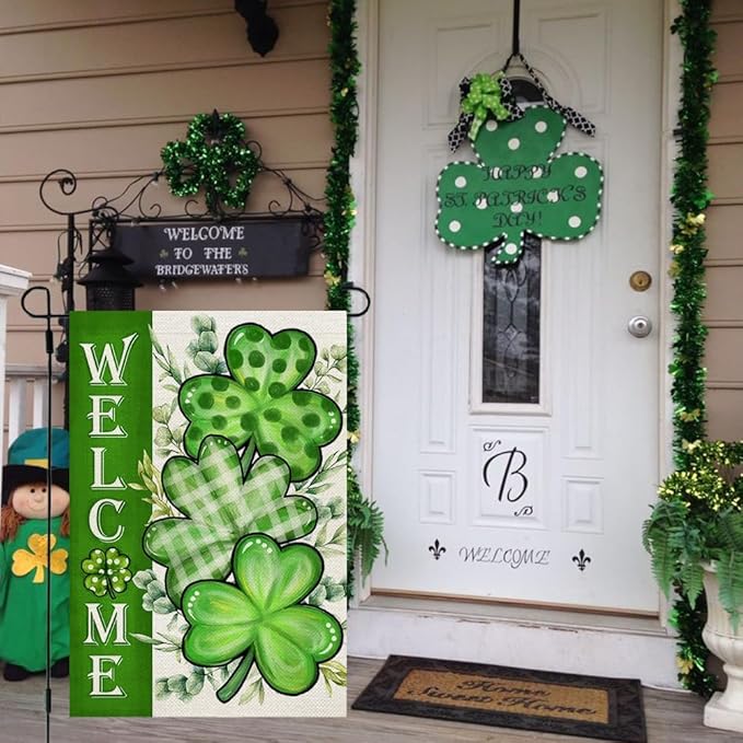 CROWNED BEAUTY St Patricks Day Shamrocks Garden Flag 12x18 Inch Double Sided for Outside Small Welcome Green Clovers Burlap Holiday Yard Flag