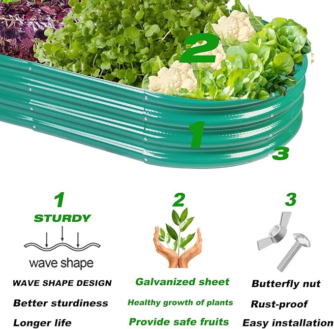 Raised Garden Bed GRS Certified Galvanized Planter Box Outdoor, 6.5ft Oval Rot-Resistant Metal Garden Bed Planter, Recycled Eco-Friendly Material Planter for Vegetables Flowers Herbs (Green)