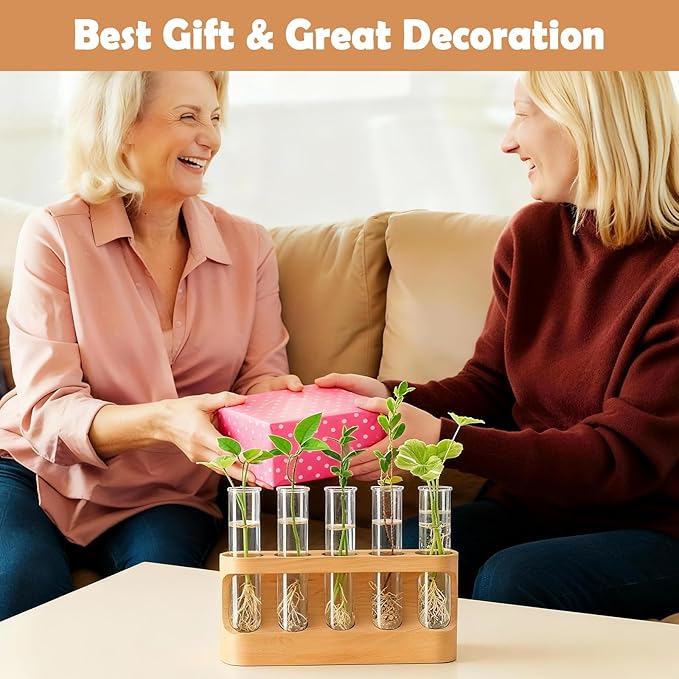 Plant Propagation Station with 9-Level Dimmable LED Light, 5 Glass Test Tube Vases, Wooden Stand for Hydroponic Plants, Gardening Gift for Women & Plant Lovers, Desktop Terrarium & Home Decor