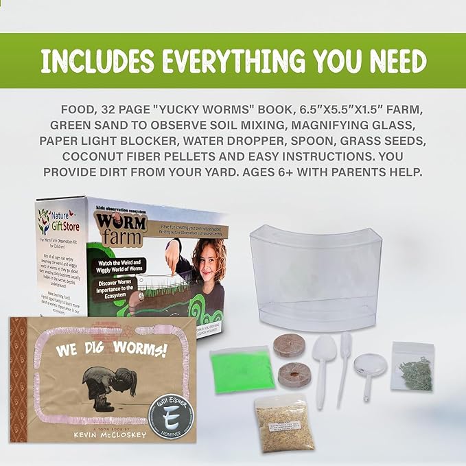 Worm Farm for Kids Shipped with Live Worms, Food & Book - Worm Farm Kit with Ecosystem, Soil, Mixing Sand, Magnifying Glass & More