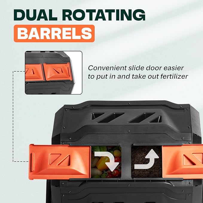 Idzo Dual Chamber Rotating Composter Tumbler Outdoor, Compost Bin Outdoor Garden with Efficient Aeration System for Easy & Quick Composting, Space-Saving Rotating Compost Bin Prevents Odor & Rodents