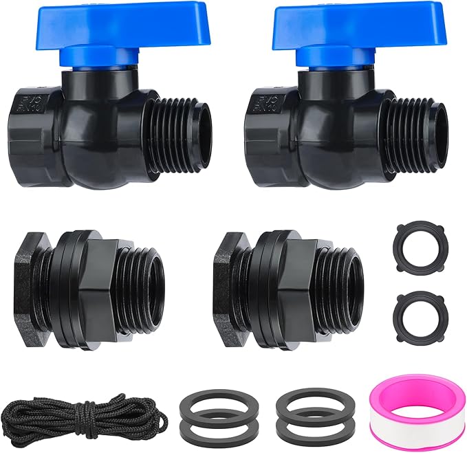 PVC Rain Barrel Spigot Kit 3/4" GHT Garden Diverter Kit With Bulkhead Fitting Garden Hose Faucet Thread Ball Valve for Water Adapter Tanks, Aquariums Rain Barrel Diverter Kit （2 Pack）