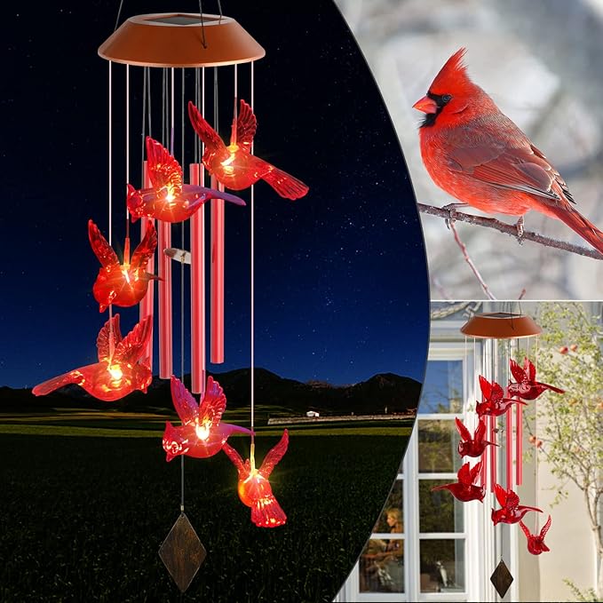 Cardinal Wind Chime, Solar Sound Windchime, Wind-Chime Outdoor, Garden Decor, Yard Decor, Gifts for Women, Mom Gifts, Gardengifts, Grandma Gift