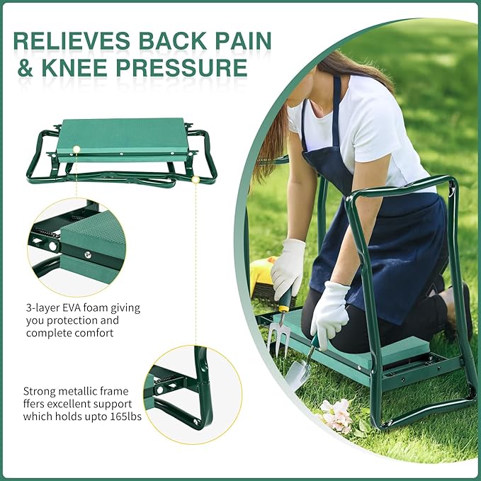 VINGLI 24in Foldable Garden Kneeler and Seat with Tool Pouch, 2-in-1 Function Portable Thicken Soft Kneeling Pad Garden Stool for Backyard, Green, Gifts for Garden Enthusiasts