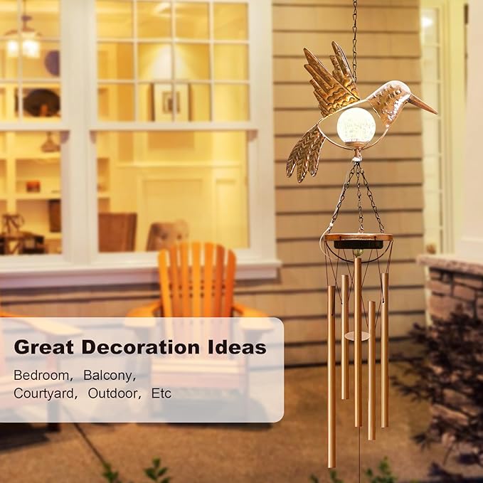 Solar Hummingbird Wind Chimes for outside: Melodious Mother's Day Birthday Gifts for Mom Women Grandma Her - Weatherproof Metal Outdoor Decor Easy Hanging for Garden Patio Tree Window Memorial