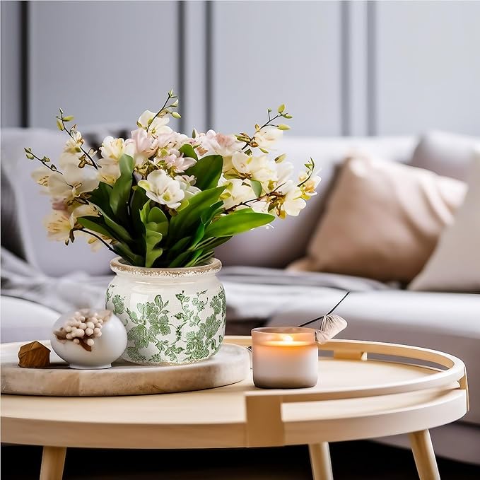 7.7" Large Ceramic Plant Pot Beige Green Vintage Floral Crackle Glaze Rustic Flowers Pot Decorative Planter with Drainage for Indoor Outdoor Plants Home Kitchen Office Decor Gift