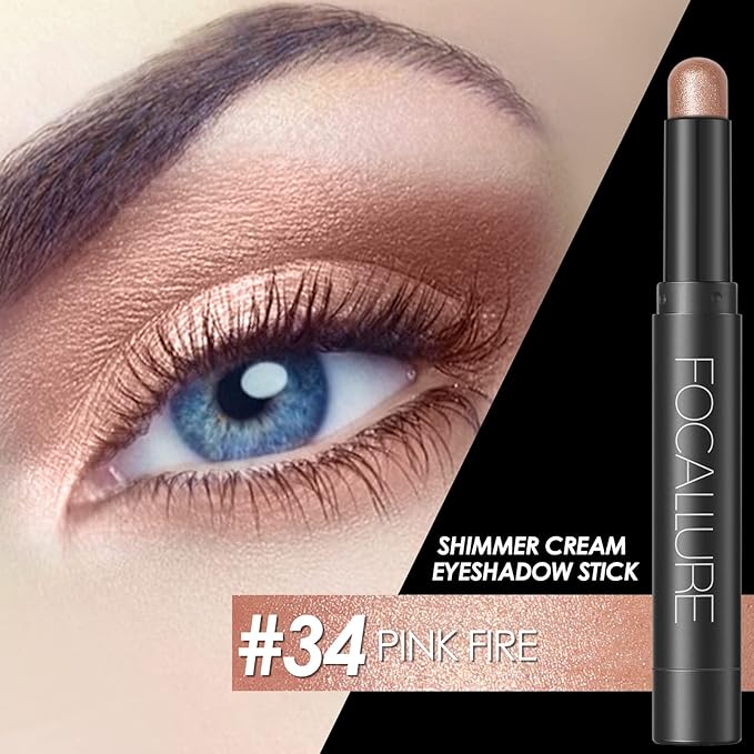 FOCALLURE Shimmer and Matte Cream Eyeshadow Stick,Smooth Brilliant Eye Brightener Pencil for Women,Long Lasting Waterproof Eye Shadow and Liners Makeup,PINK FIRE