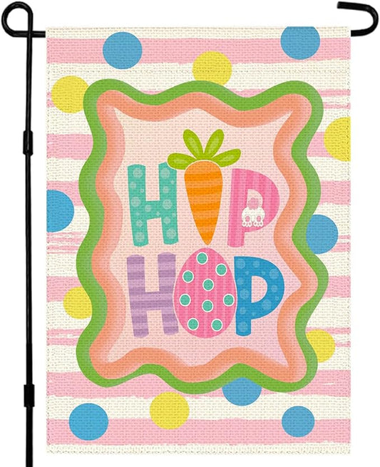 Easter Garden Flag Double Sided 12x18 inch, Hip Hop Bunny Decorative Yard Outdoor Home Small Decor, Stripes Polka Dots Farmhouse Burlap Outside House Decoration Spring Holiday Decor