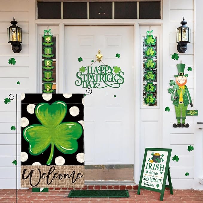 AVOIN colorlife Welcome Lucky Clover St Patricks Day Garden Flag Double Sided, Polka Dot Shamrock Yard Outdoor Flag 12x18 Inch