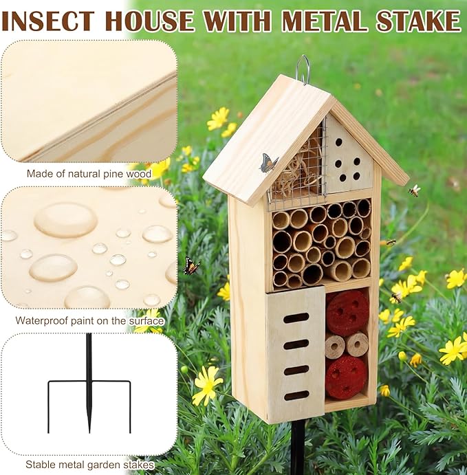 Novabright Wooden Insect House with Metal Stake Insect Hotel Bee House Natural Bug Habitat for Bee Butterfly Ladybirds Beneficial Bug Outdoor Garden Backyard