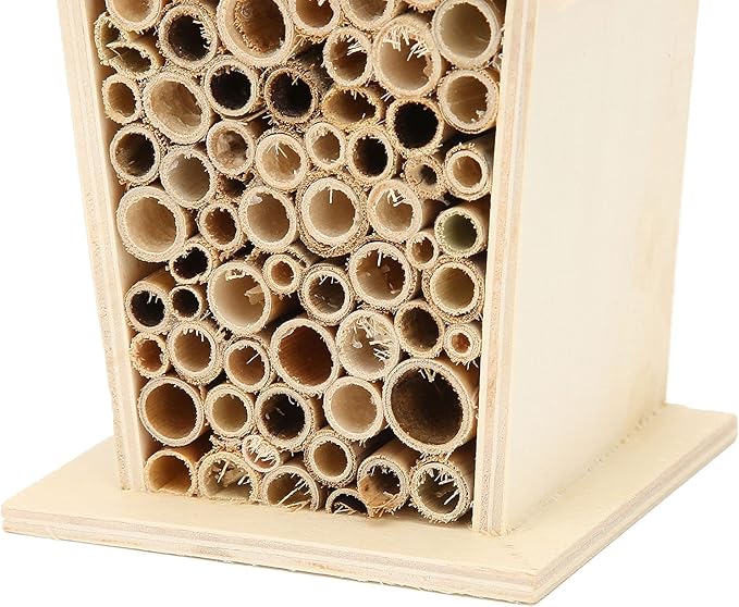 Native Hive Wooden Bee House, Natural Handmade Wooden Bee Box Habitat with Bamboo Tubes,Insect House Shelter for Attracting Peaceful Bee Pollinators (2PCS)