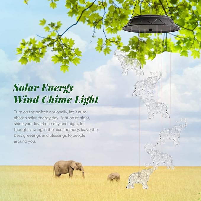Birthday Gifts for Women Mom Grandma, Gardening Gifts for Women, Elephant Solar Wind Chimes for Outside, Wind Chimes Outdoor Waterproof, Solar Lights Outdoor Decorative for Garden Patio Yard