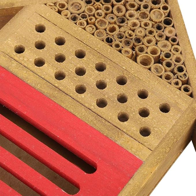 AUNMAS Wooden Bee House, Attracts Pollinators with Tubular Tunnels, Durable Platane Wood Garden Decor, 19.5x3.8x29.8cm Humidity for Bees