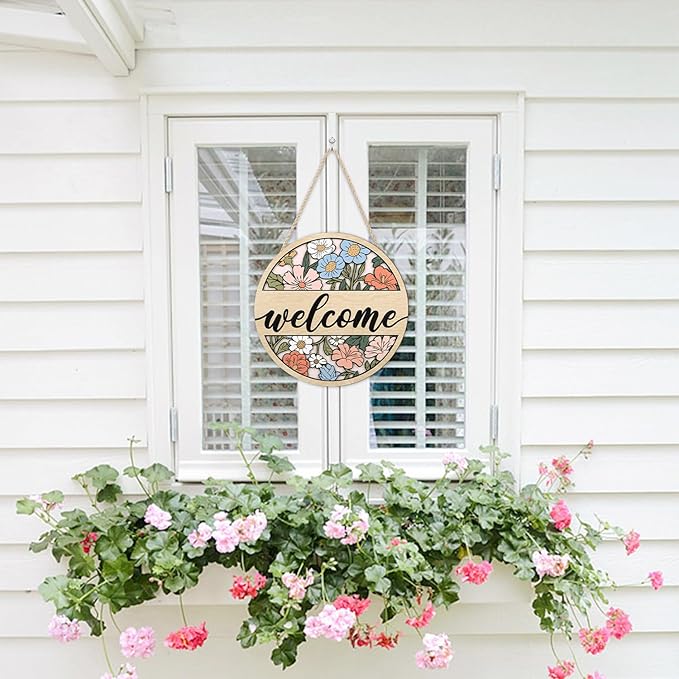 HOURIA 3D Vintage Welcome Front Door Sign(11.4”x11.4”),Boho Daisy Flower Wooden Door Wreath,Rustic Spring Summer Floral Wall Hanging Decor for Farmhouse Porch Home Indoor Office
