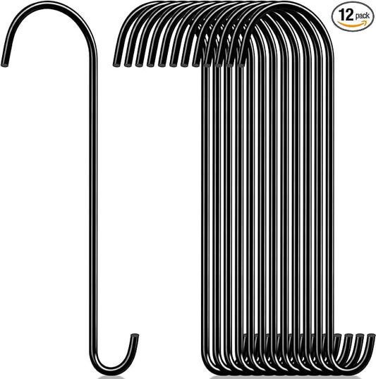 12 Pack 18 Inch S Hooks for Hanging Plants, Heavy Duty Metal Extension Hangers for Bird Feeders Wind Chimes Flower Baskets Black Vinyl Coated Rustproof Garden Hooks