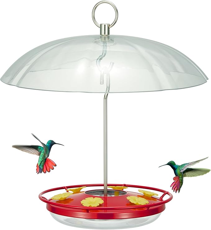 Kingsyard 12 oz Hummingbird Feeder with Rain Guard Dome, Leak-Proof Saucer Nectar Feeder for Outdoors Hanging, Built-in Ant Moat & 6 Bee-Proof Ports, Easy to Refill & Clean, Red