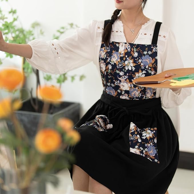 Vintage Pinafore Apron Dress for Women with Pockets Cute Floral Chef Aprons for Kitchen Cooking Baking Gardening