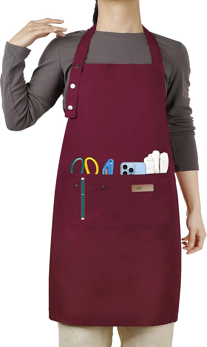 Adjustable Button Apron for Women Men Artist Painting Pottery Garden Cooking Kitchen Chef 3 Pockets Waterproof M-XXL