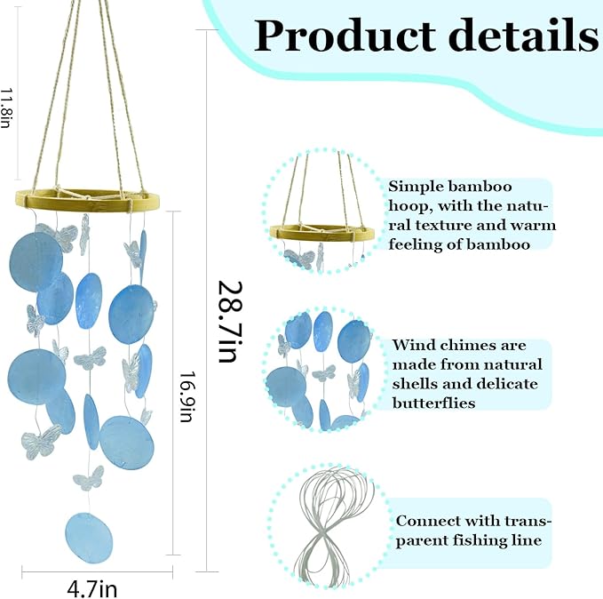 Wind Chimes Outdoor with Round Capiz Shells Butterfly,Ocean Theme Party Decorations Memorial Wind Chimes Suitable for Indoor Garden Patio Front Porch Decoration(Blue 13inch)