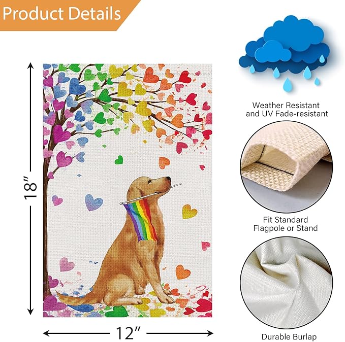 Louise Maelys Golden Retriever Pride Month Garden Flag Rainbow Love Heart Tree 12x18 Inch Double Sided Small Burlap Gay Lesbian LGBTQ Yard Outdoor Sign Outside Home House Decor