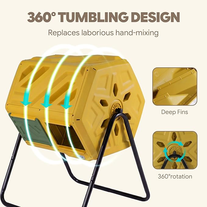 Updated 43 Gallon Dual-Chamber Compost Bin, Fast Assembly Outdoor Compost Tumbler, Rotating Batch Composter Bin with Gloves for Garden, Kitchen, and Yard