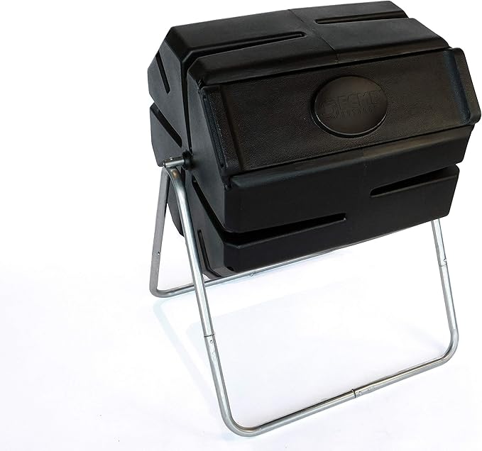 FCMP Outdoor 37 Gallon 1 Piece Plastic Single Chamber Roto Tumbling Composter Outdoor Elevated Rotating Garden Compost Bin, Black