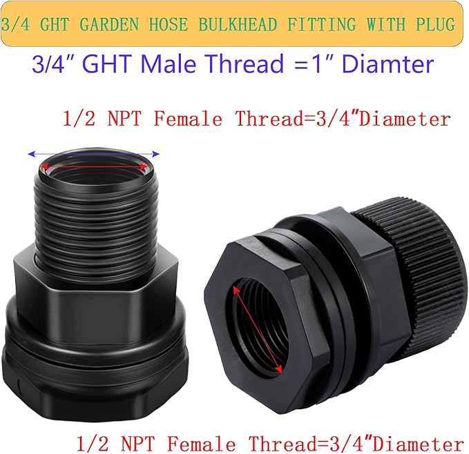 PVC Garden Hose Bulkhead Fitting With Plug, 1/2" Female NPT, 3/4" Male GHT (garden Hose Thread), For Rain Barrels, Aquariums, Sinks，2 Pack