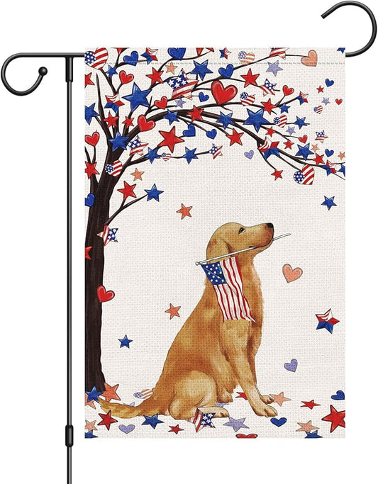 Louise Maelys 4th of July Garden Flag 12x18 Double Sided, Small Burlap Welcome Patriotic Golden Retriever Dog Yard House for Memorial Veterans Independence Day Outdoor Decor