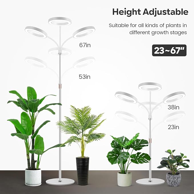 Garpsen Floor Plant Light, Full Spectrum 252 LEDs Grow Light for Indoor Plants with Base, 3 Color Modes & 5 Dimmable, Timer 6/12/16H Grow Lamp with 67''Height Adjustable, 3-Head-White