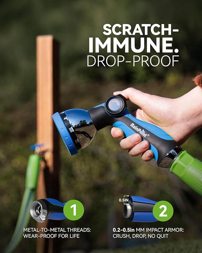 RAINPOINT Spray Nozzles for Garden Hose - 10 Spray Patterns Garden Hose Nozzle with Adjustable Flow Control for Watering Plants, Washing Cars,Washing Pets, Thumb Control (2 Packs, Blue)