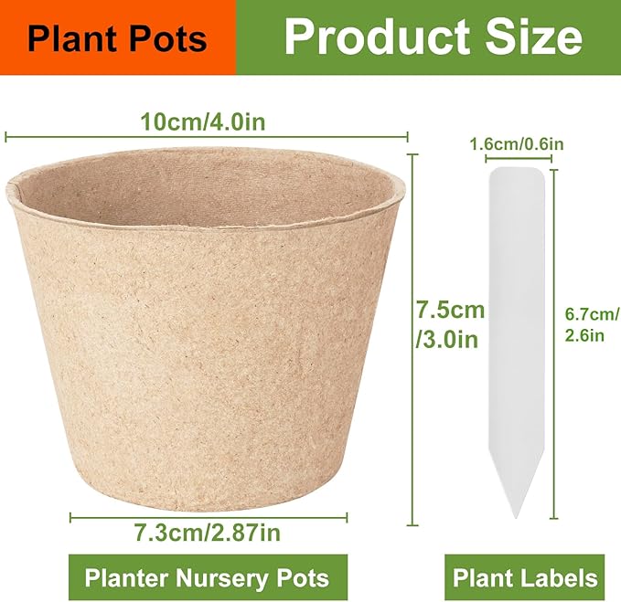 132 Pack Organic Peat Pots, 4 Inch Plant Starter Round Nursery Pot with Drainage Holes, Seedling Nursery Box, Seed Starting Tray, Bulk Garden Germination Paper Pulp Container with 132 Plant Labels