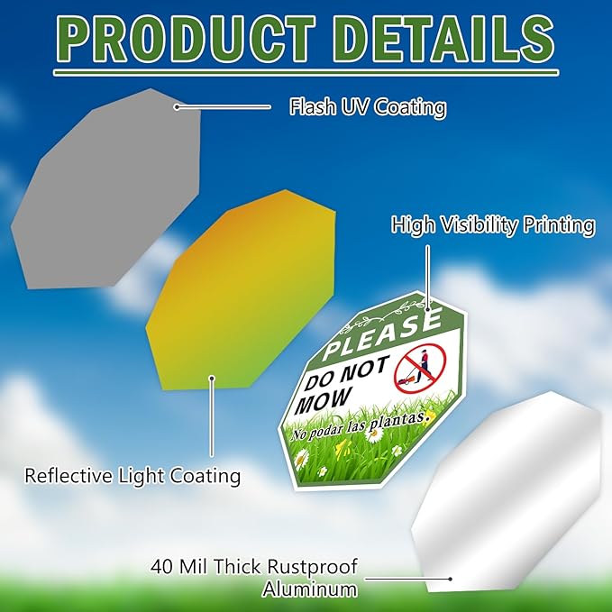 2 Pack 10" x 28" Do Not Mow Yard Signs with Stake and Accessories, Rust Free Aluminum Composite, Bilingual Garden Metal Signs for Outdoor Lawn