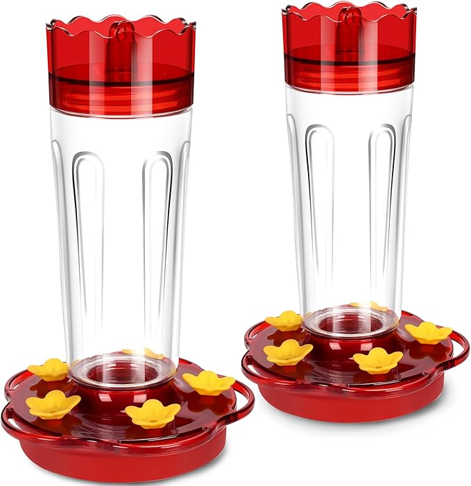 Plastic Hummingbird Feeders for Outdoors Hanging Ant and Bee Proof, 2 Pack 15 Ounces Red Hummingbird Feeder with 5 Feeding Ports and Perches, Built-in Ant Moat, Outside Garden Décor (Plastic, 2)