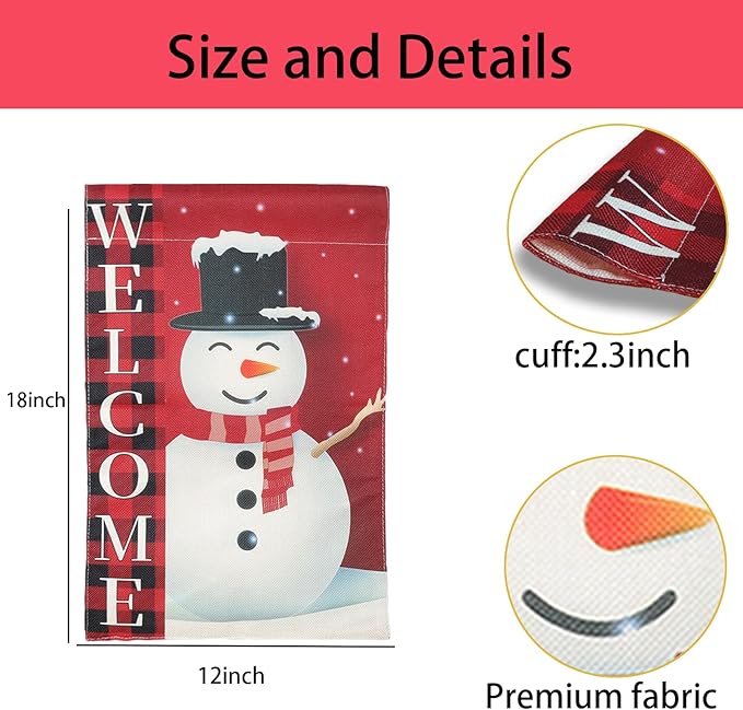 Christmas Garden Flag Decorations,12 * 18in Double Sided Snowman in Buffalo Plaid Scarf with "WELCOME" Sign Decor for Porch Yard Outdoor Holiday Festive Home Welcome