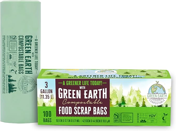 Green Earth Compostable Small Kitchen Food Scrap Trash Bags, Extra Thick 0.71 Mil, Compost Bin Compatible, 3 Gallon, 11.35 Liter, 100-Count, ASTM D6400, BPI (US) & OK Compost Home (EU) Certified